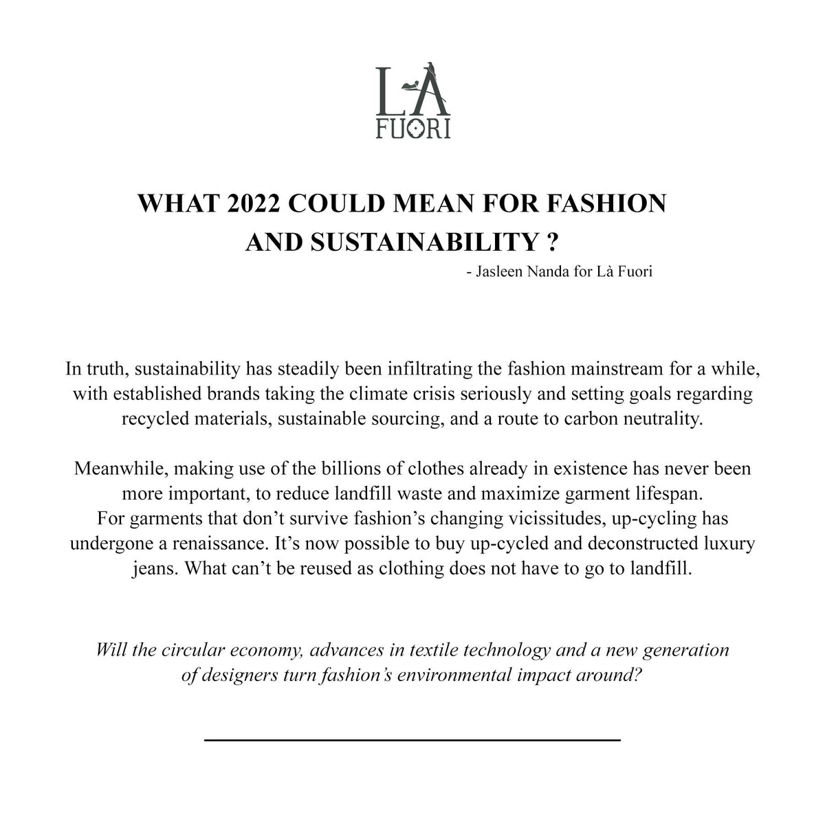Là Fuori article title graphic: What Could 2022 Mean for Fashion and Sustainability?