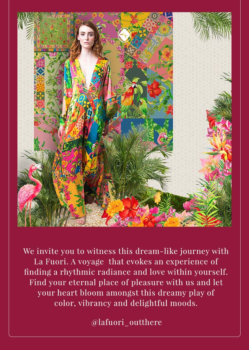 Moonlight of Merida collection graphic featuring a model in colorful printed clothing.