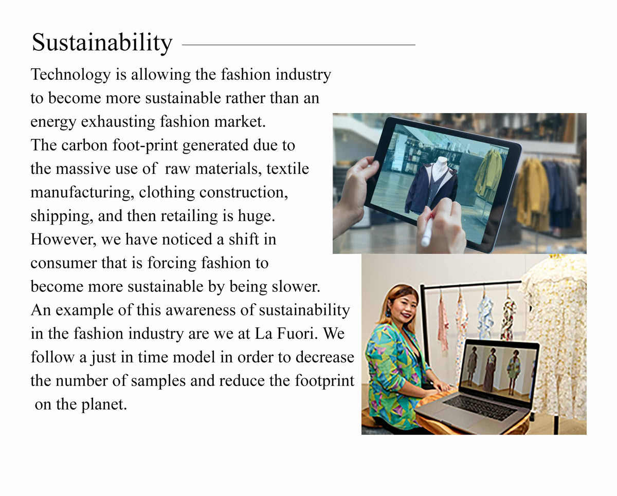Article graphic about technology and sustainability in fashion, illustrated with digital fashion images.
