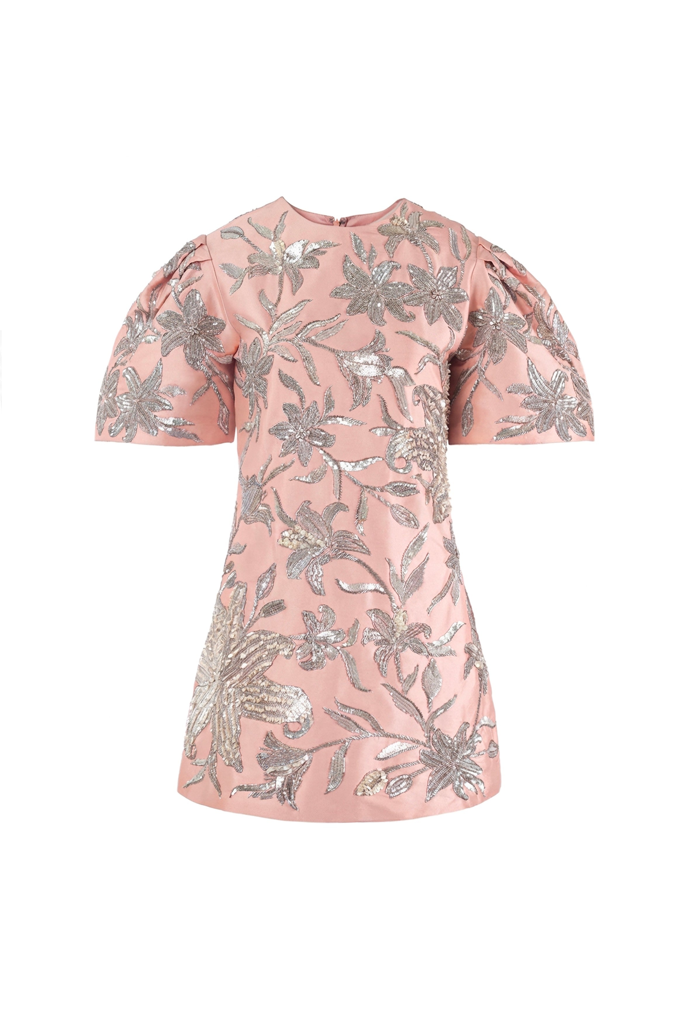 High-end designer shift dress – silver embroidered floral couture mini for festive evening partywear