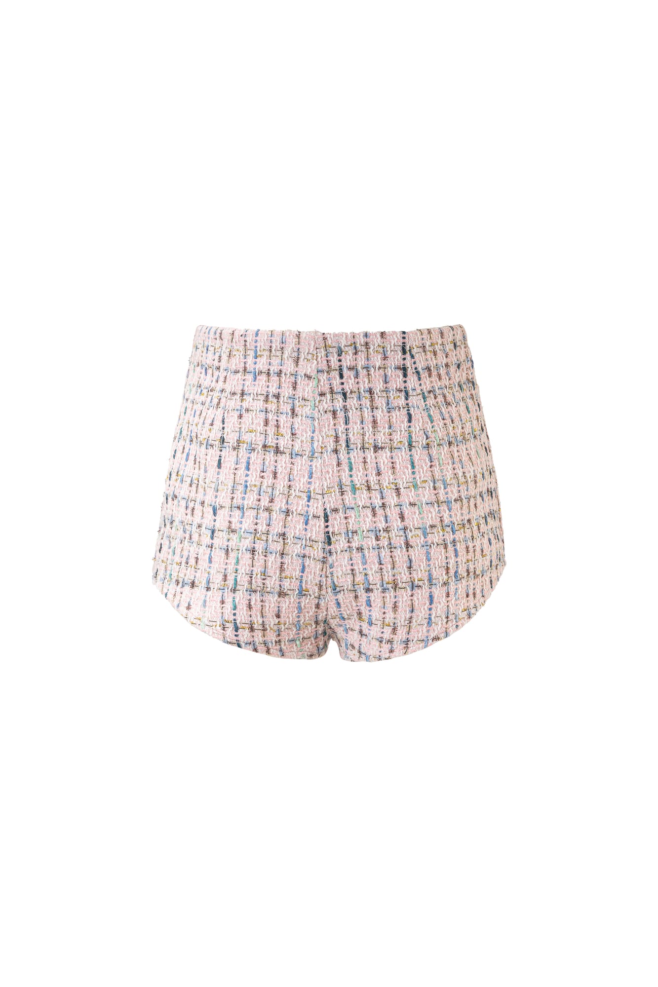 Premium textured pink tweed micro shorts, designer mini shorts for chic resort wear and statement styling