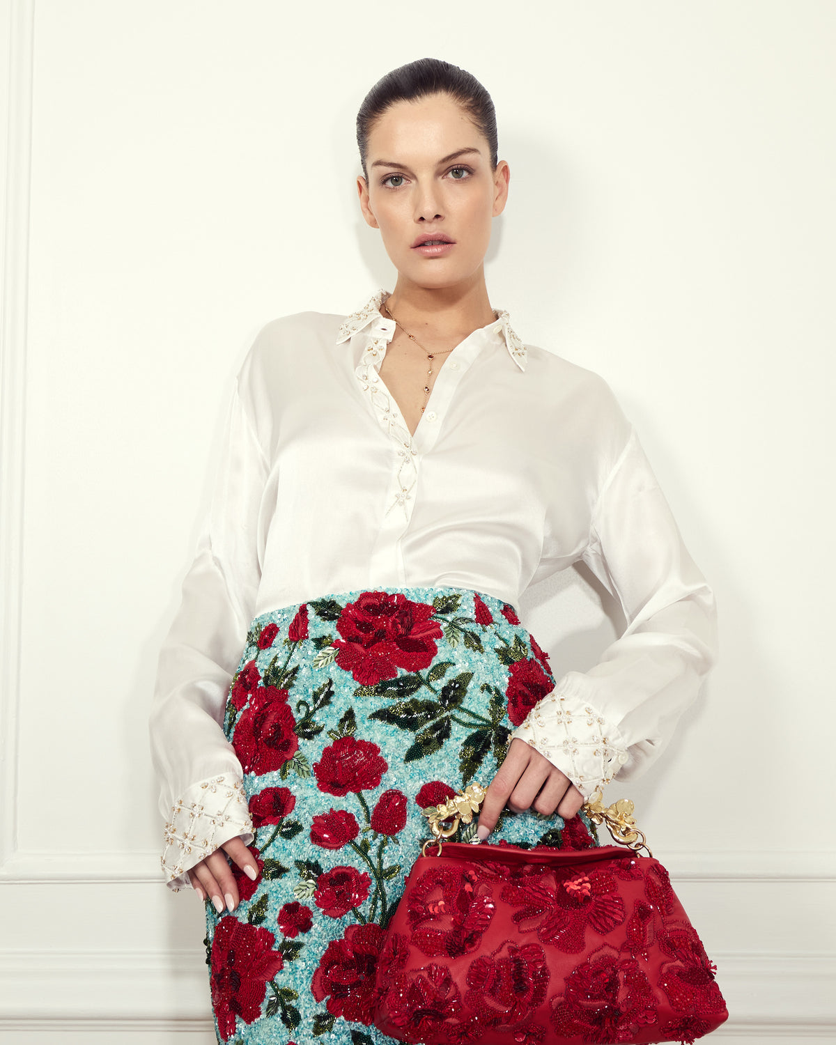 Pearl White Embellished Silk Shirt