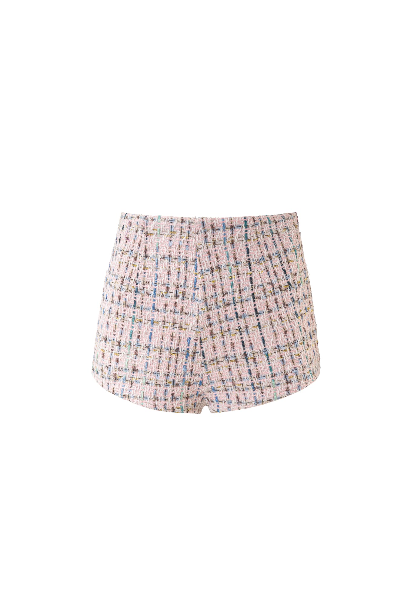 Pink statement tweed micro shorts, luxury high-waisted designer shorts with modern classic tweed appeal