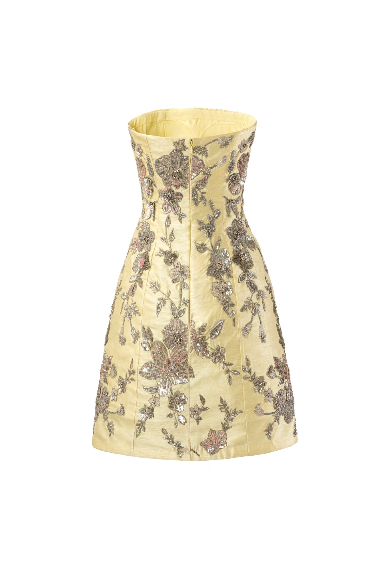 High-profile celebration wear strapless mini dress, metallic floral embroidery in champagne gold couture style