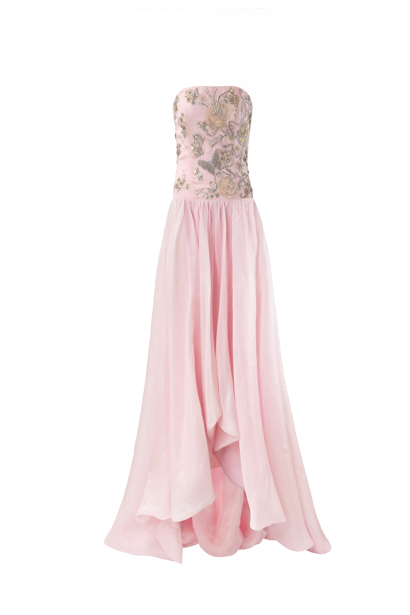 Artisanal luxury pink gown, strapless hand-embellished dress with shimmering floral embroidery and couture finish