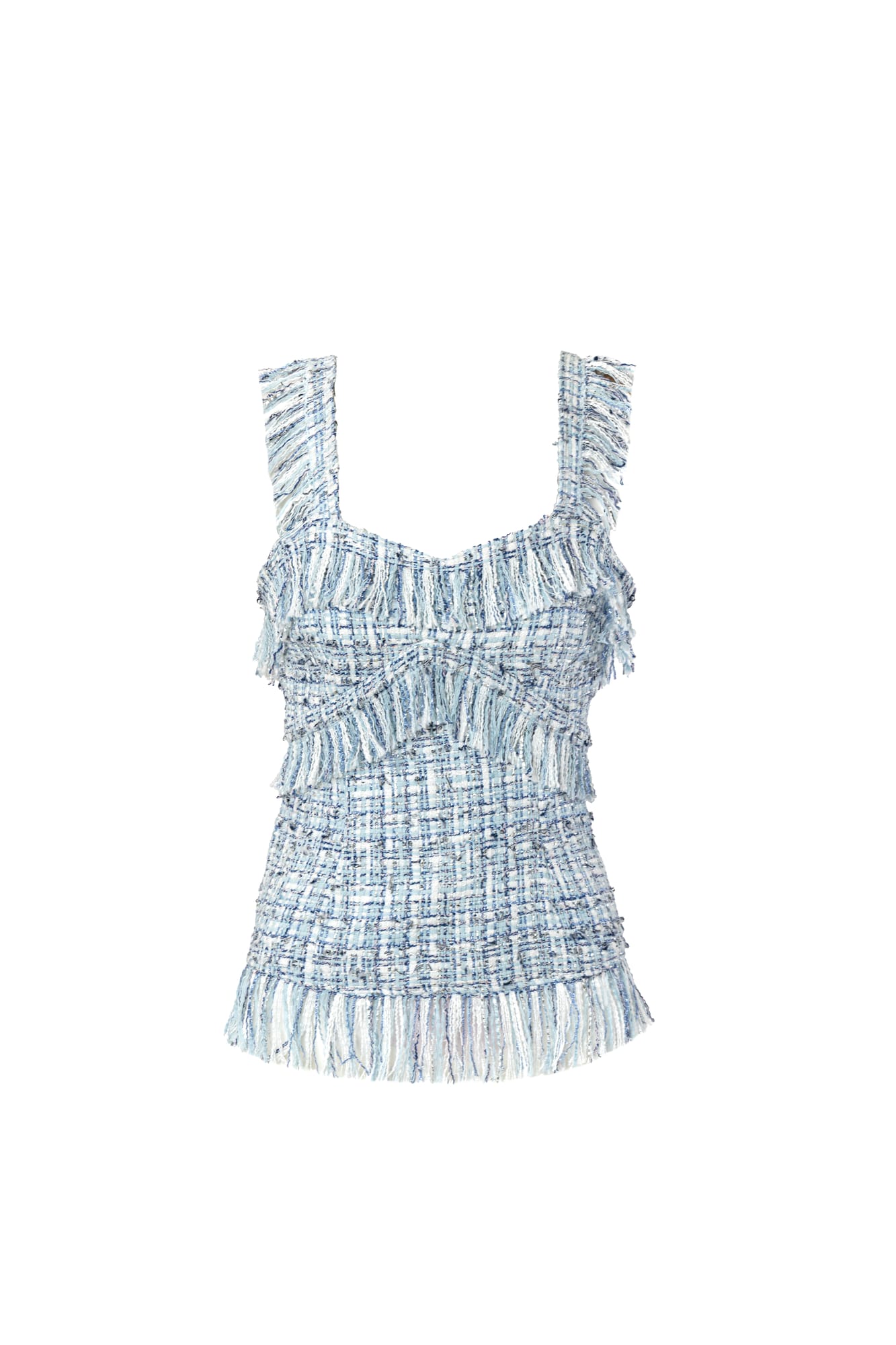 Chic city style luxury tweed top in icy blue, textured designer top with fringe detailing