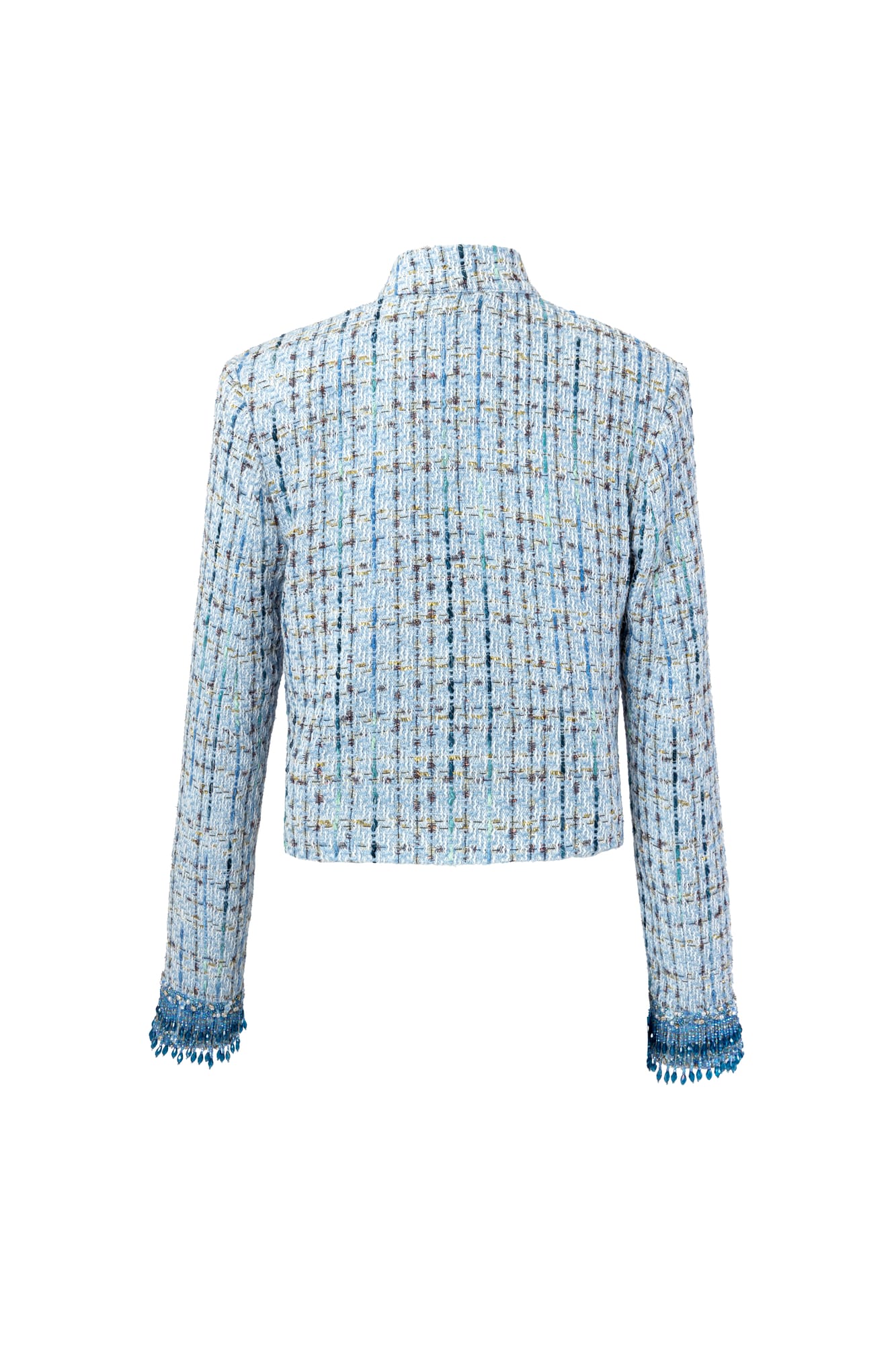 Chic city style luxury tweed jacket, embellished tweed with hand-beaded detailing in icy blue tone