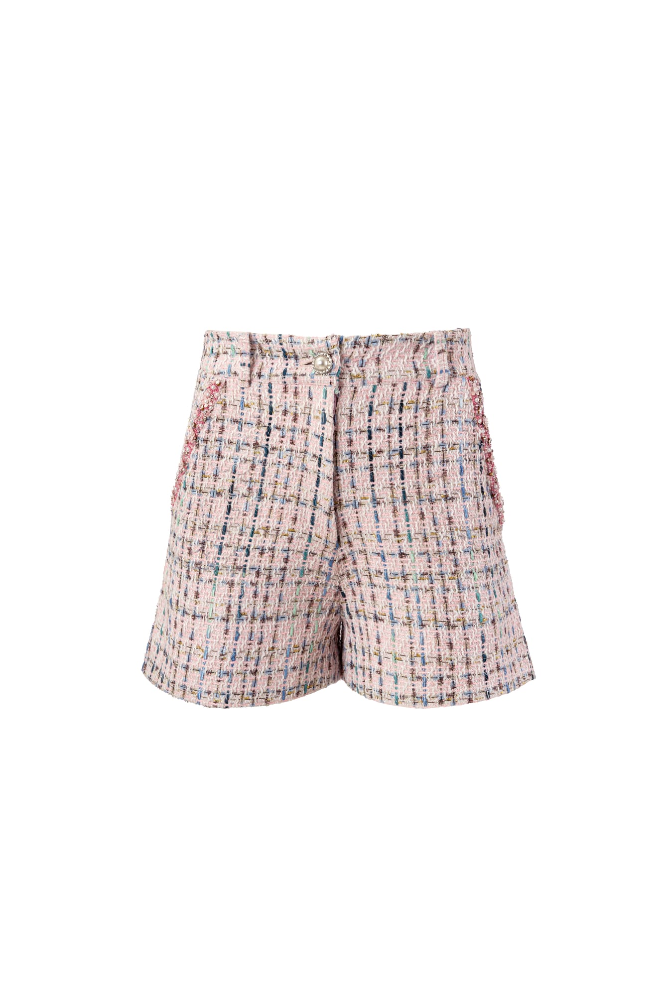 Pastel pink luxury tweed shorts, high-waisted designer shorts with beaded embellishment for modern classic fashion