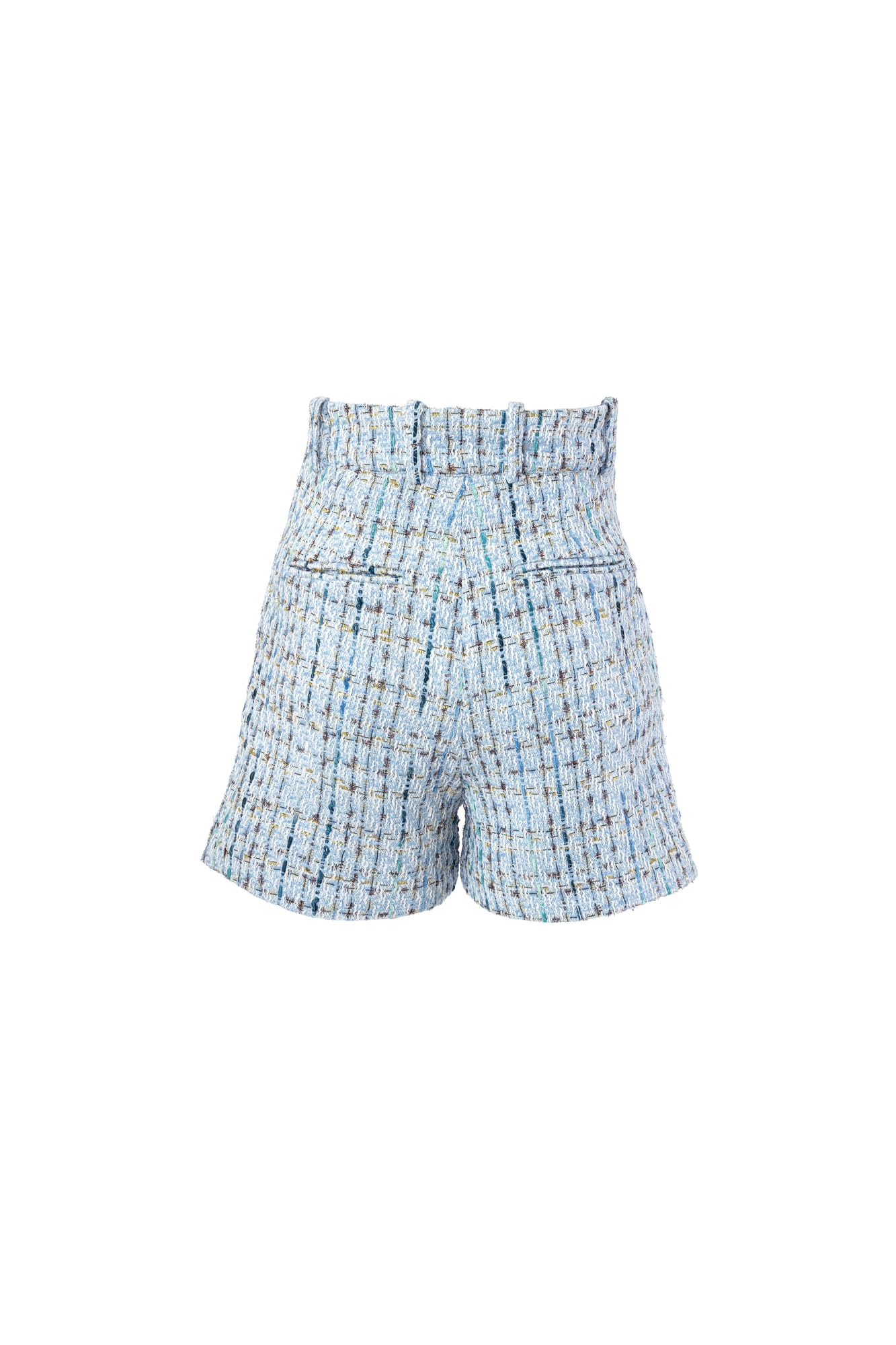 Luxury blue tweed shorts, high-waisted designer shorts with premium embellished tweed for chic summer fashion