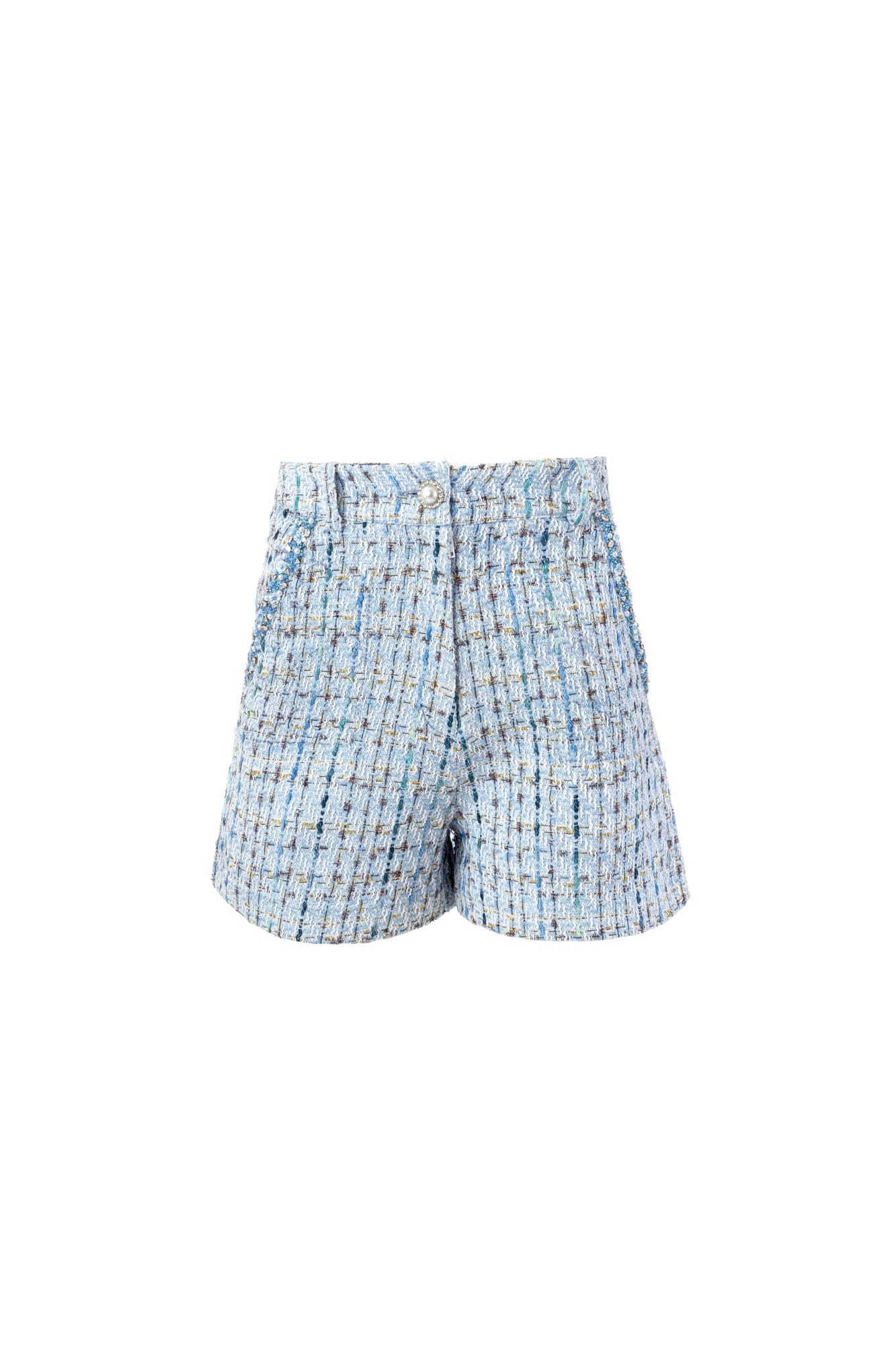 Designer textured bottoms in icy blue tweed, artisanal fringe shorts for high-fashion summer luxury