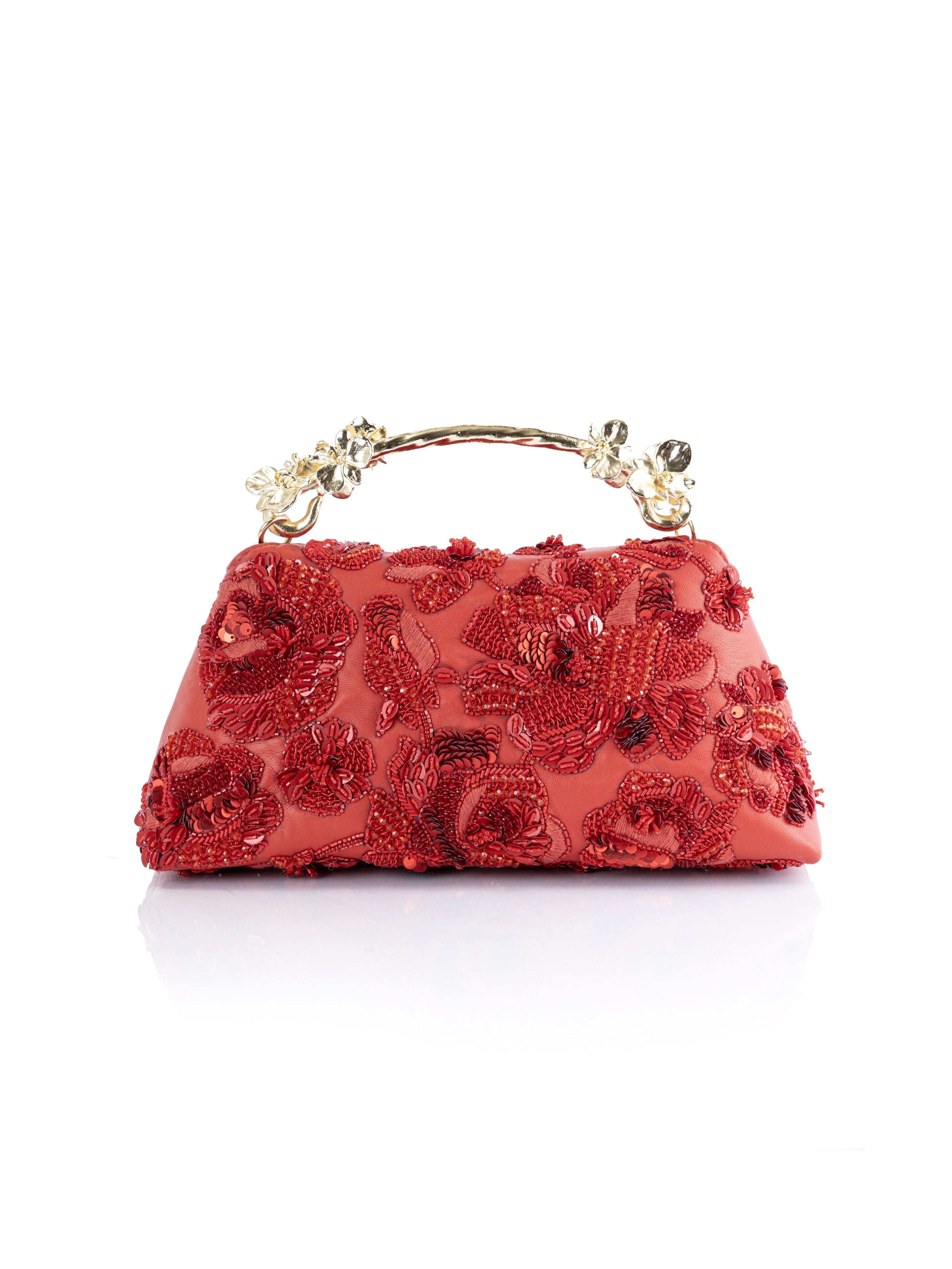 Red Siren Rose floral beaded evening handbag with a gold-tone handle decorated with clear rhinestones, shown on a white background with a soft reflection.