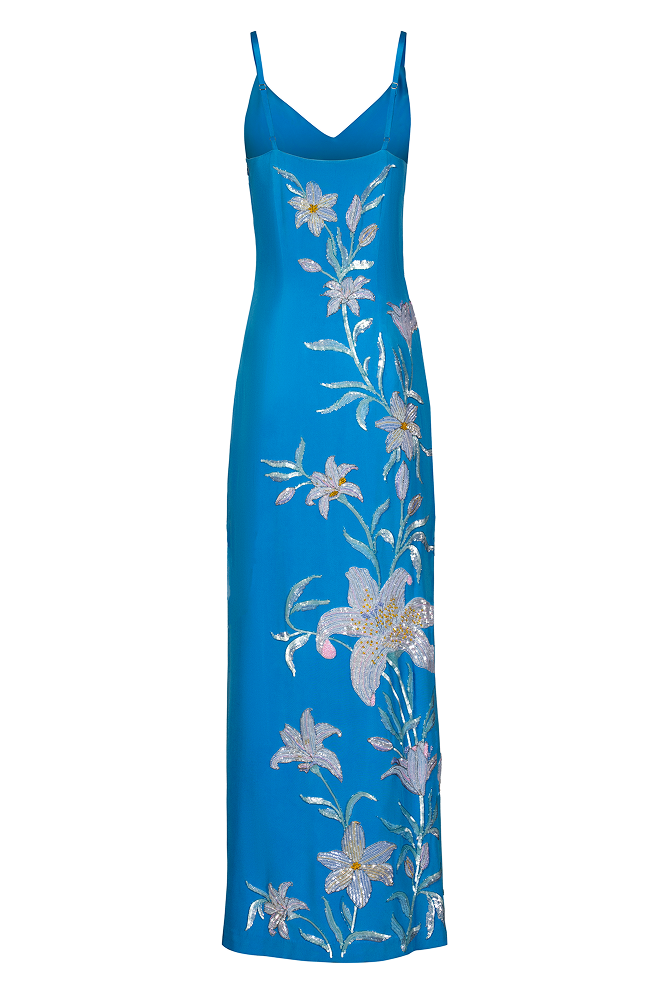 Evening event dress featuring 3D applique embroidery in a monochromatic palette