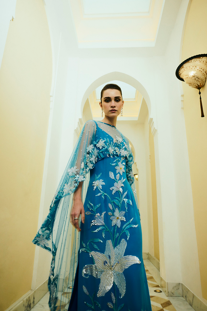 Monochromatic floral floor-length dress ideal for evening events and wedding guests