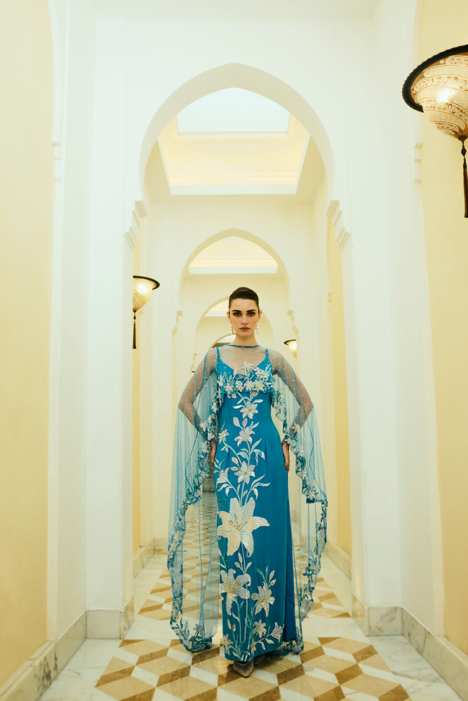 Ball party dress showcasing couture-inspired 3D applique embroidery detailing