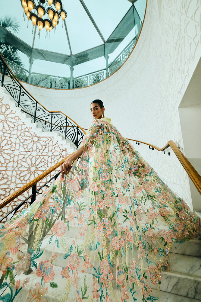 Ball party cape crafted with couture handwork and beadwork, ideal for an evening gown look