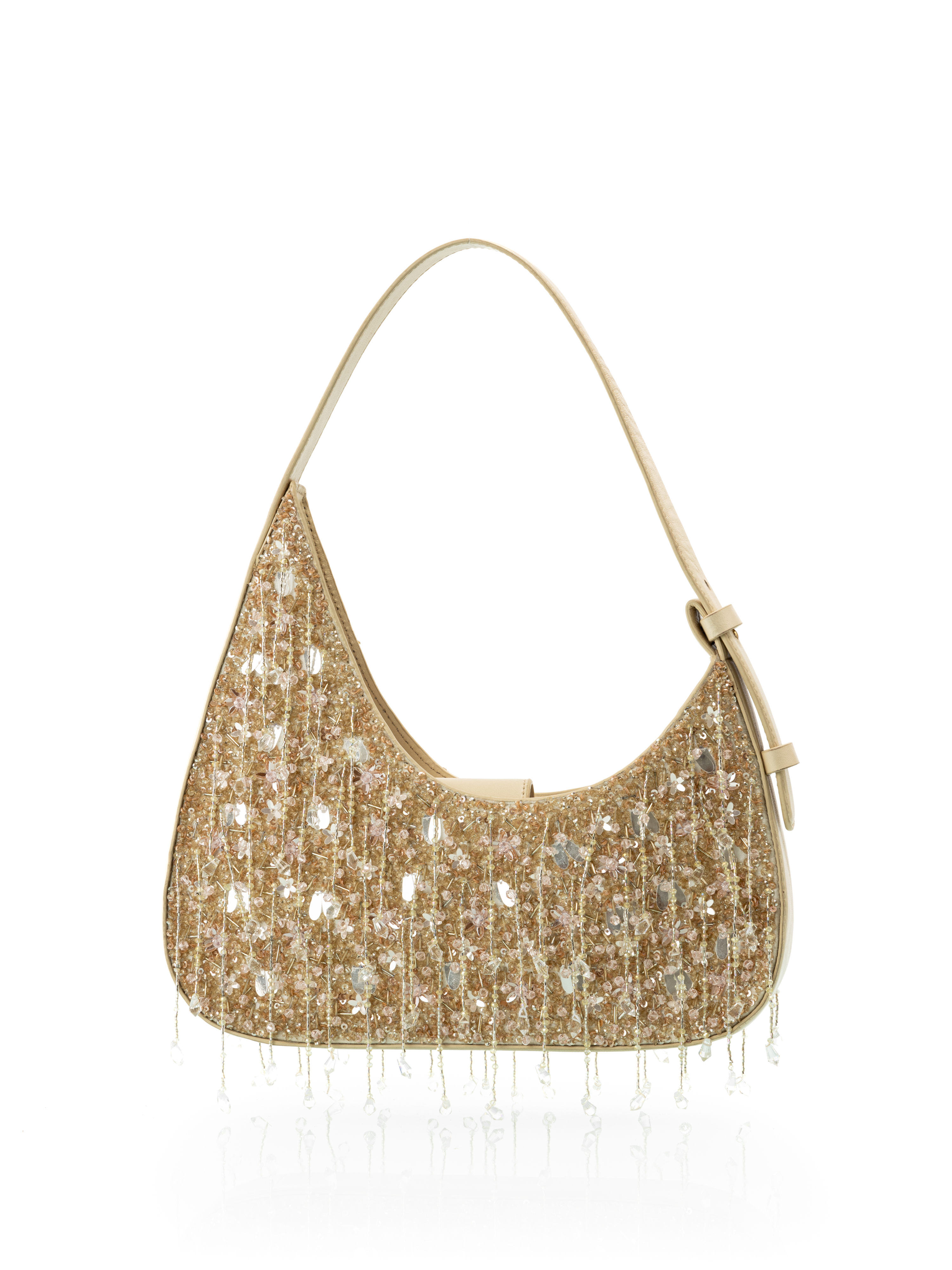 Hand embroidered leather hobo bag with aari embroidery crafted as a luxury party and outing accessory