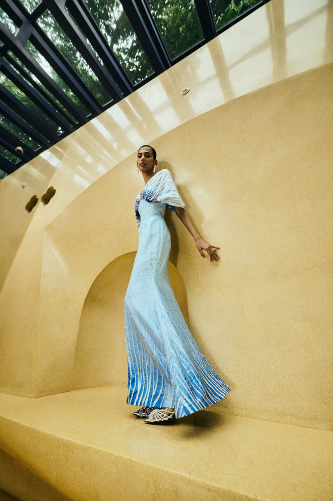 Engagement party gown styled as a refined formal evening wear look