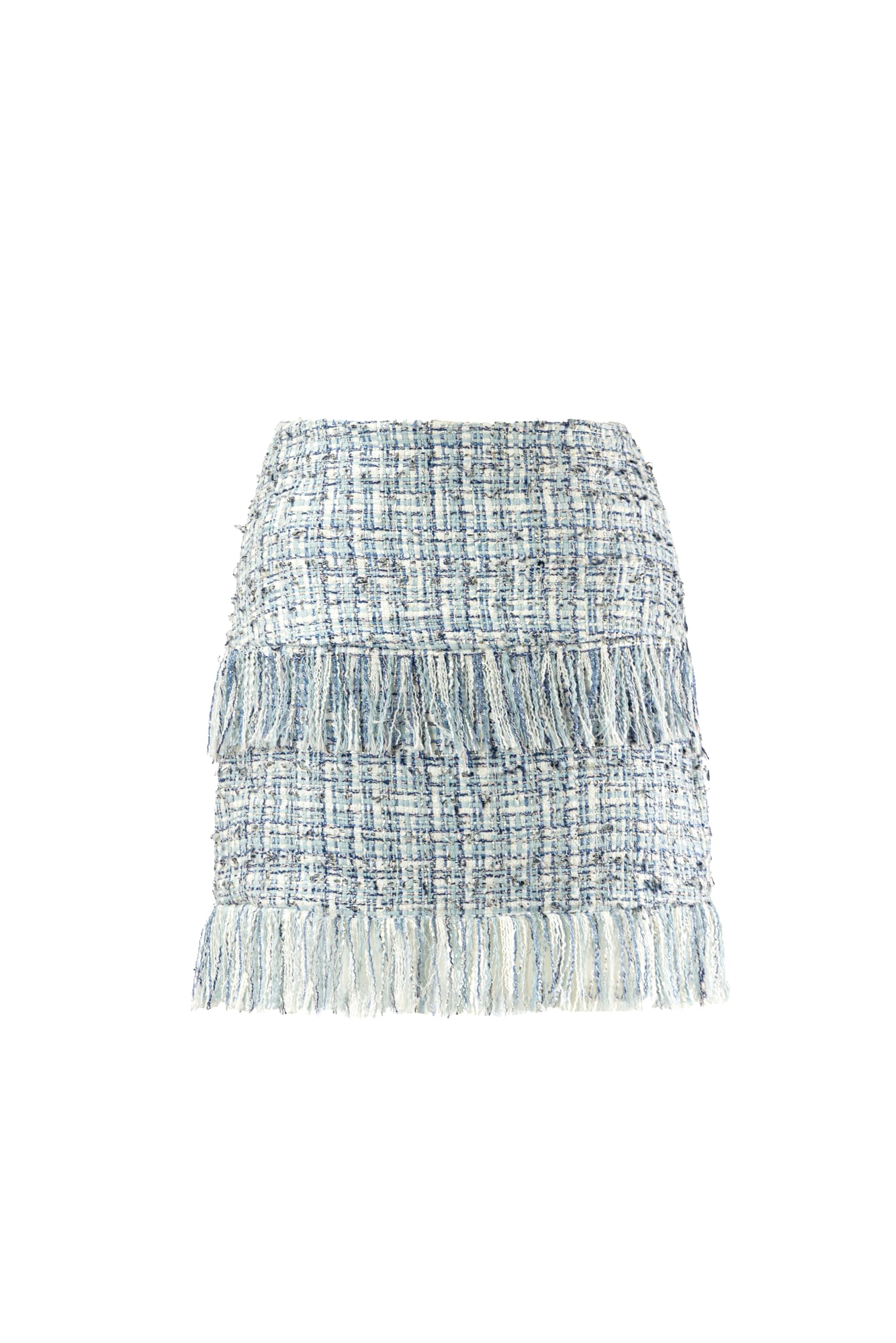 Modern classic fashion tweed skirt with textured design and frayed edges for high-fashion styling