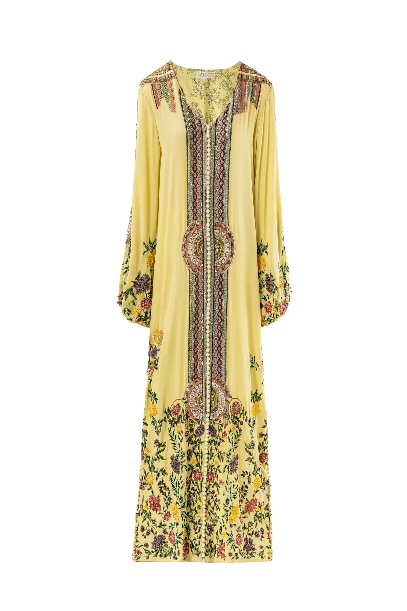 Sophisticated holiday attire luxury kaftan dress, hand-embroidered detailing in high-end resort wear style