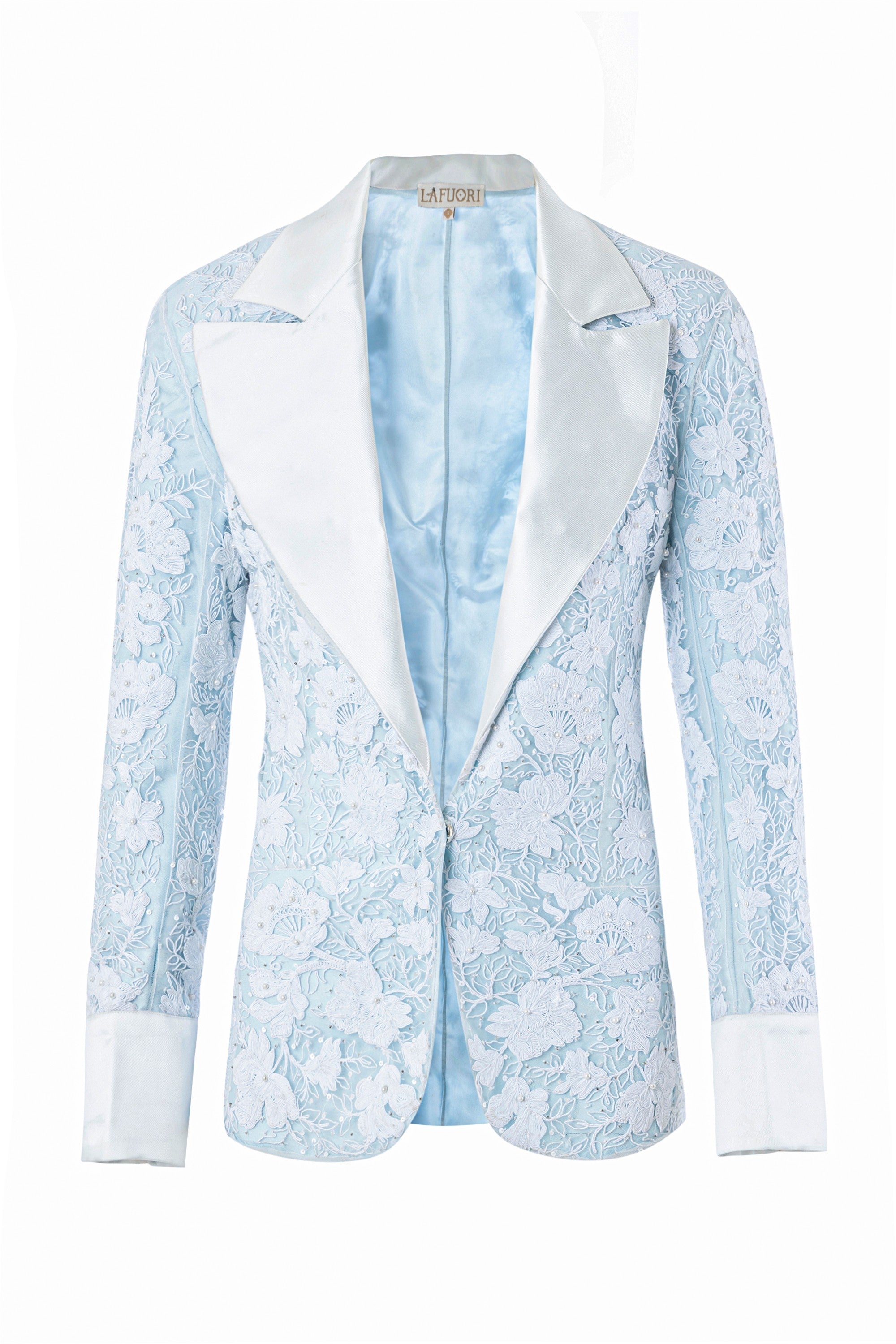 Icy blue satin lapel couture jacket – luxury floral lace crystal embellished blazer for formal evening wear