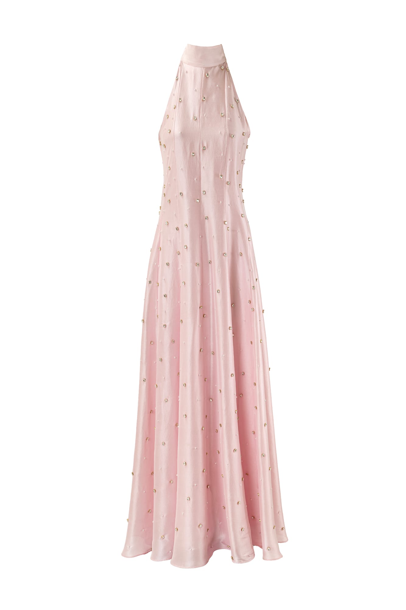 Floor-length luxury halter gown with crystal embellishment, couture celebration wear in pink silk dress