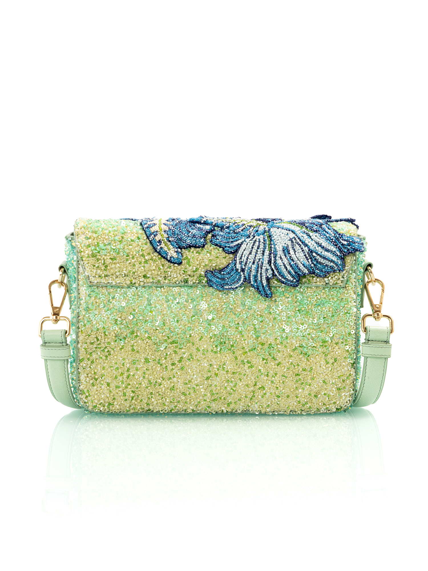 Mint embroidered leather sling bag with aari embroidery designed as a premium summer and resort accessory