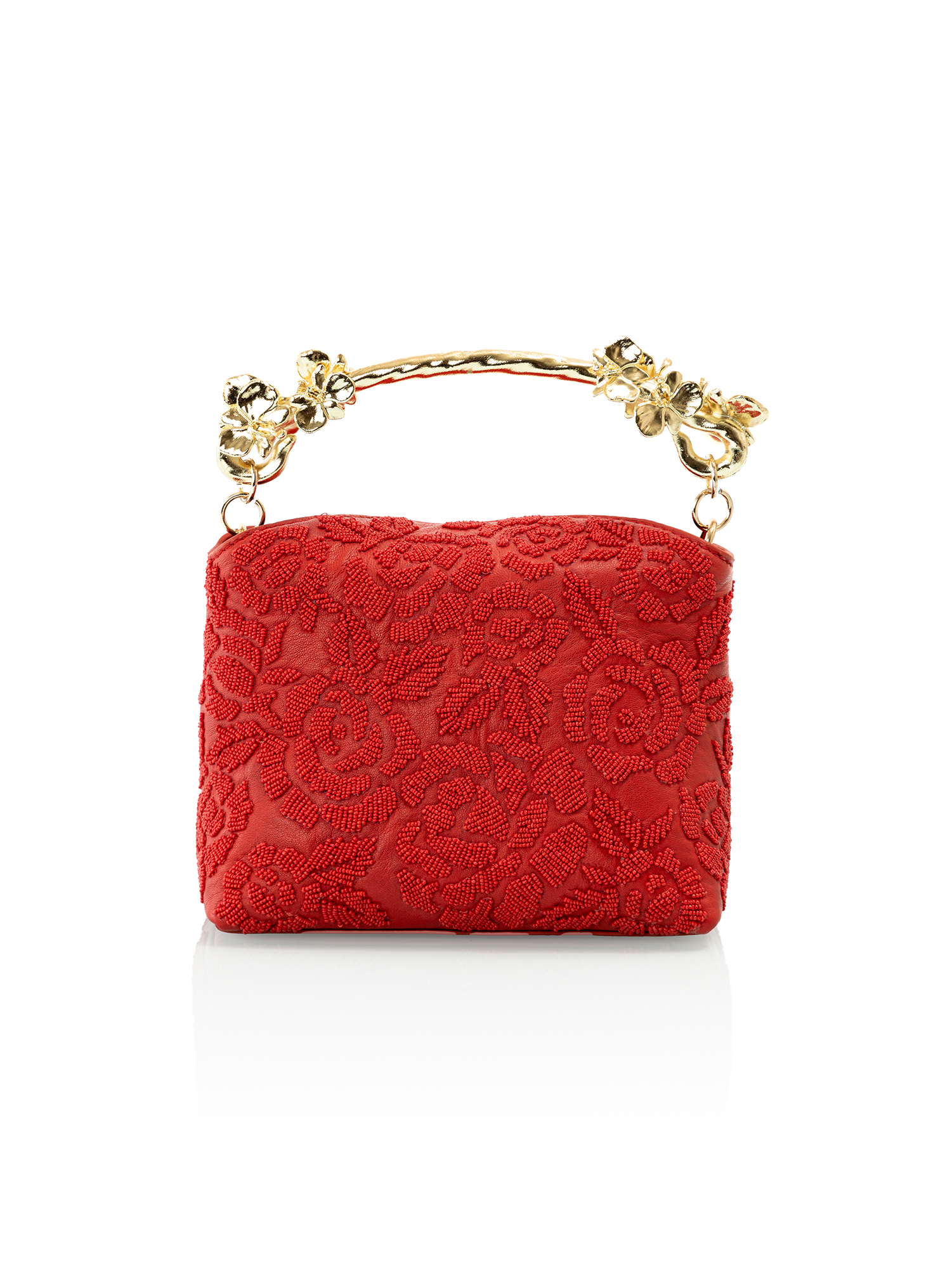 Hand embroidered leather bag featuring aari embroidery and floral design for luxury parties