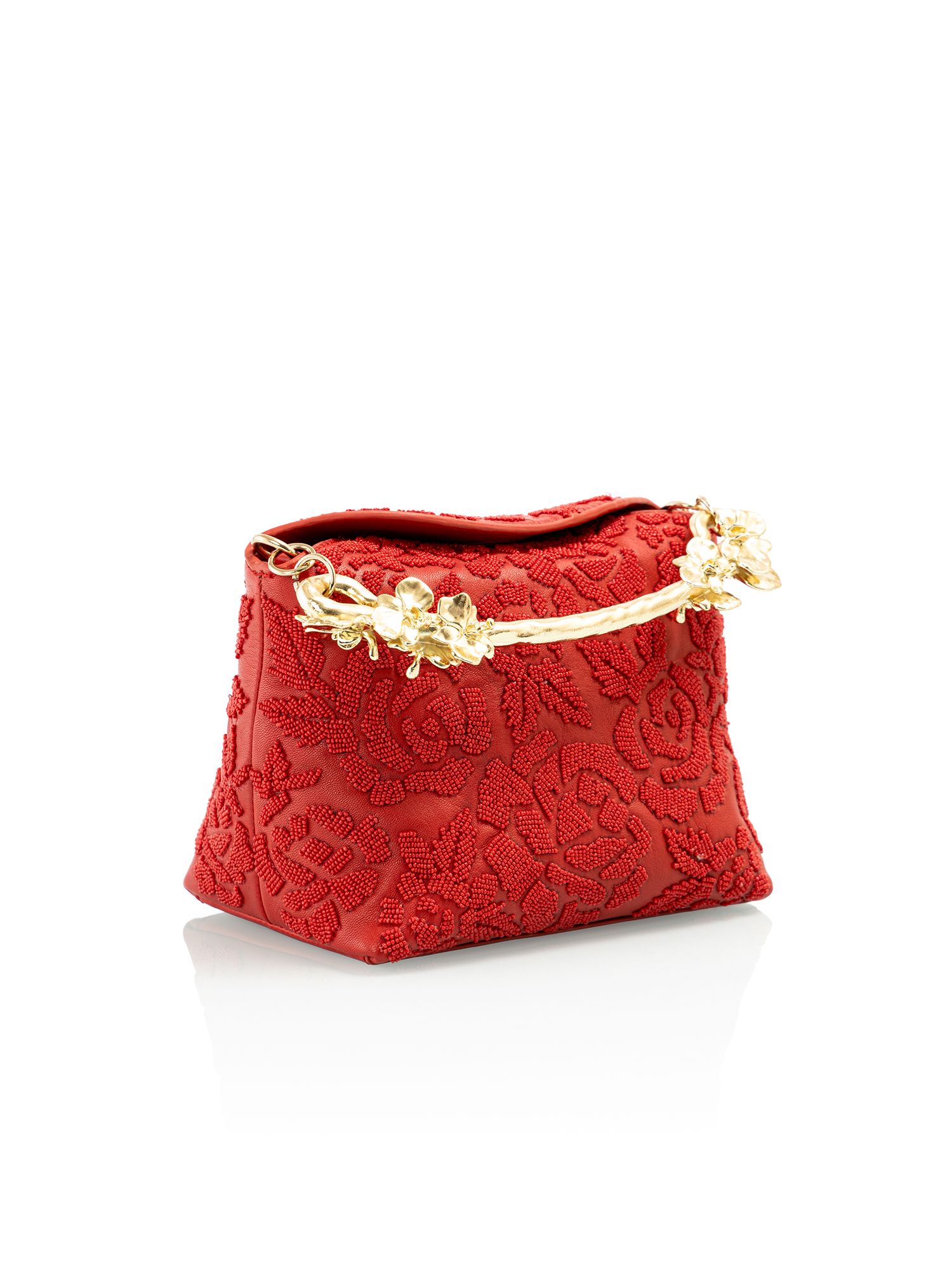 Red and pink embroidered leather party bag with rose embroidery for outings and events