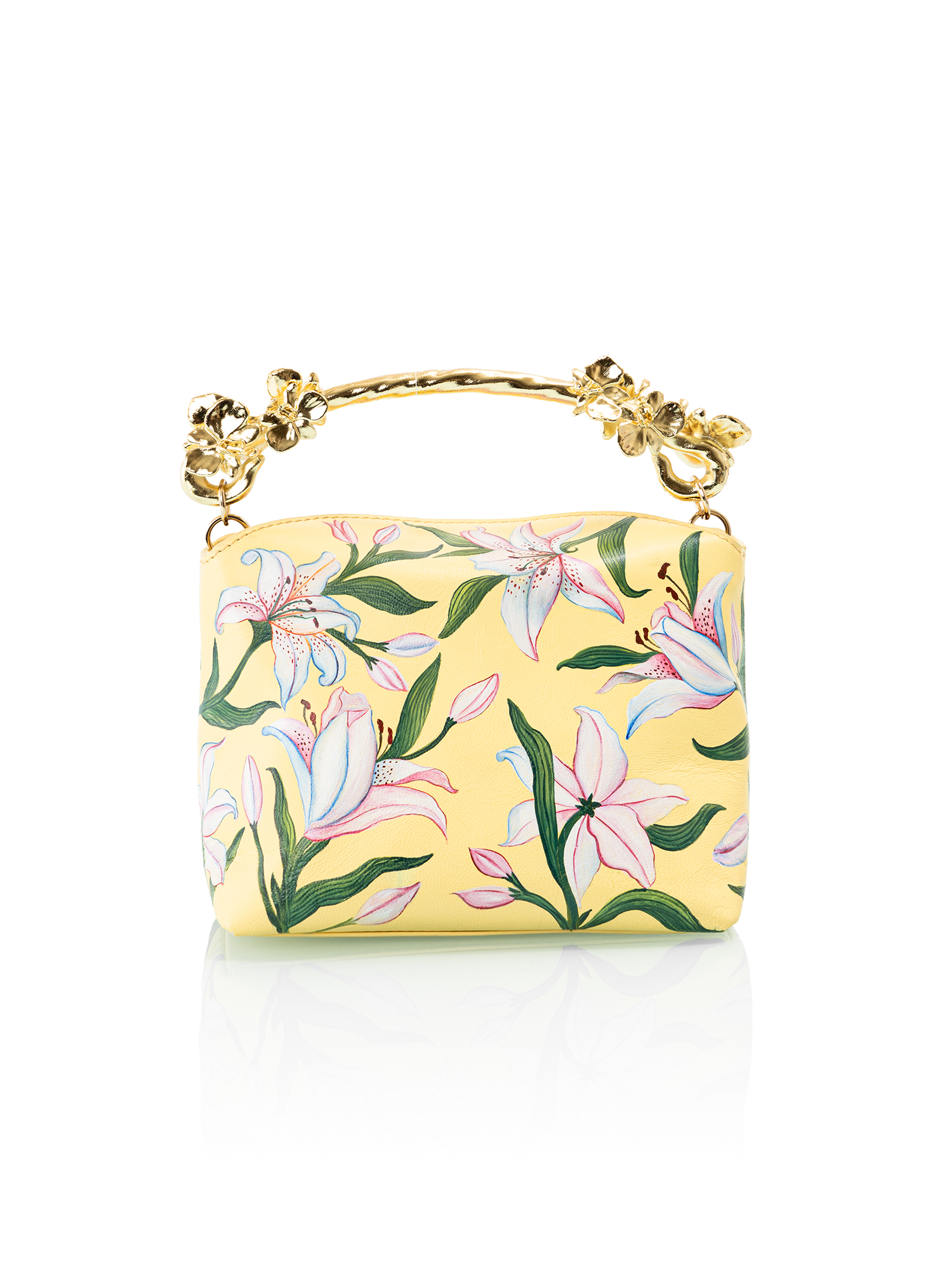 Close-up of lily floral print on a premium printed leather bag crafted for daytime wear