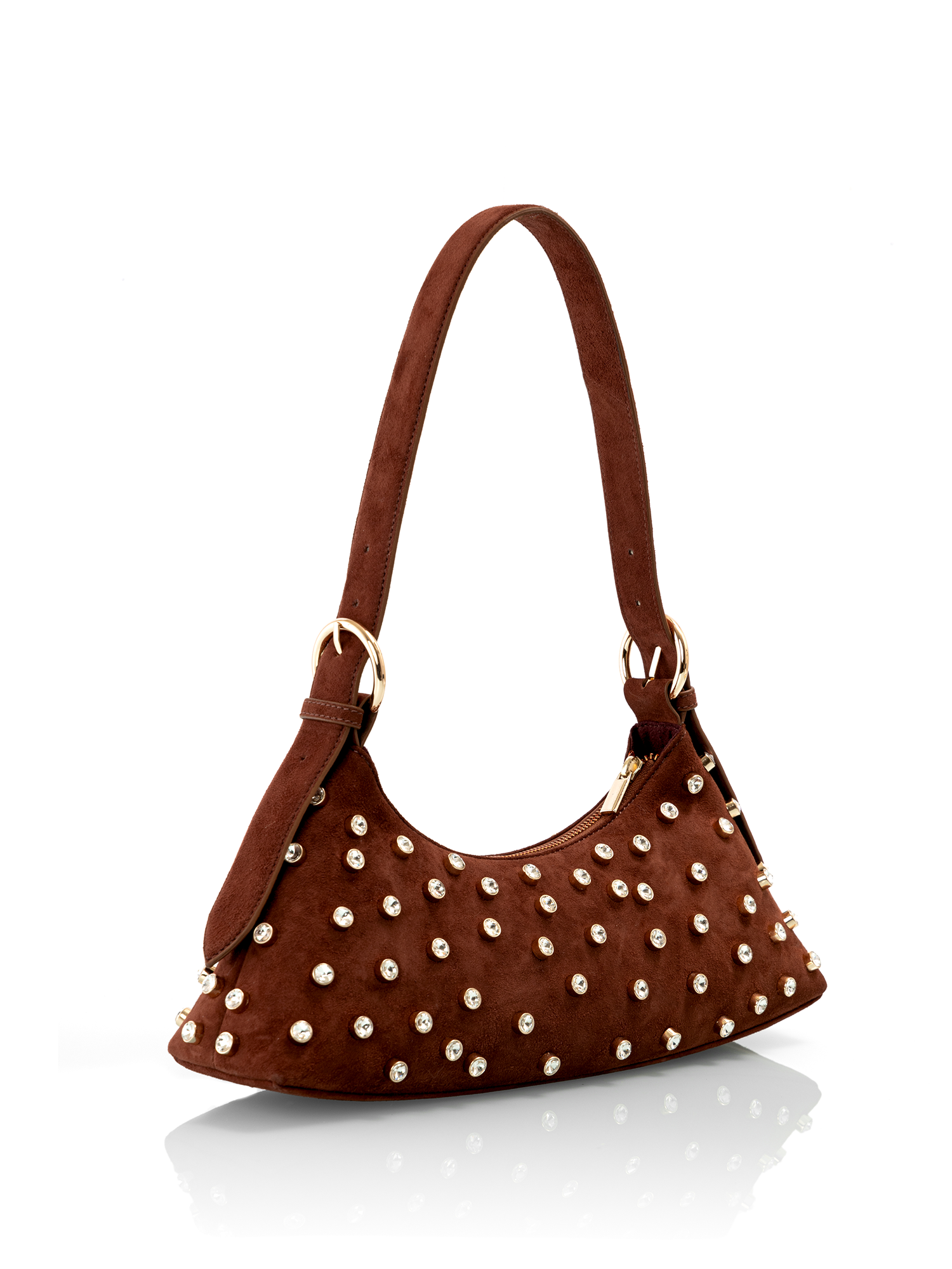 Brown studded leather handbag available in brown and burgundy shades for elegant evenings