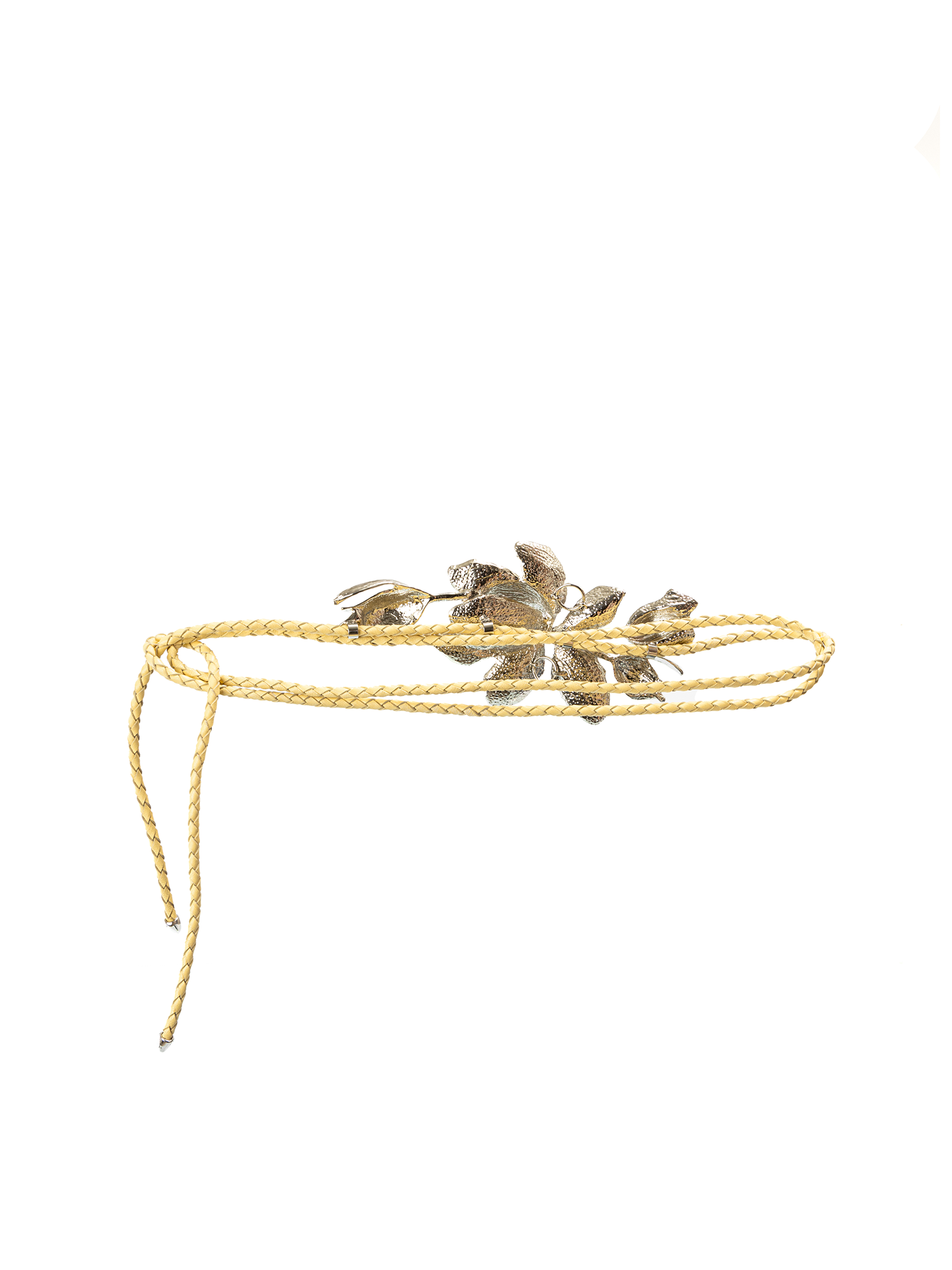 Gold bracelet with leaf-like design on a white background