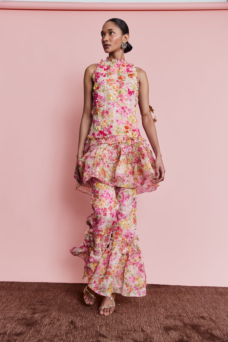 Couture floral printed top with tiered ruffles, sophisticated resort separate for artisanal summer luxury
