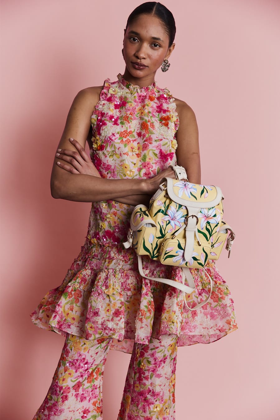 Luxury ruffled top with couture floral print, high-fashion garden party top for romantic summer luxury wear