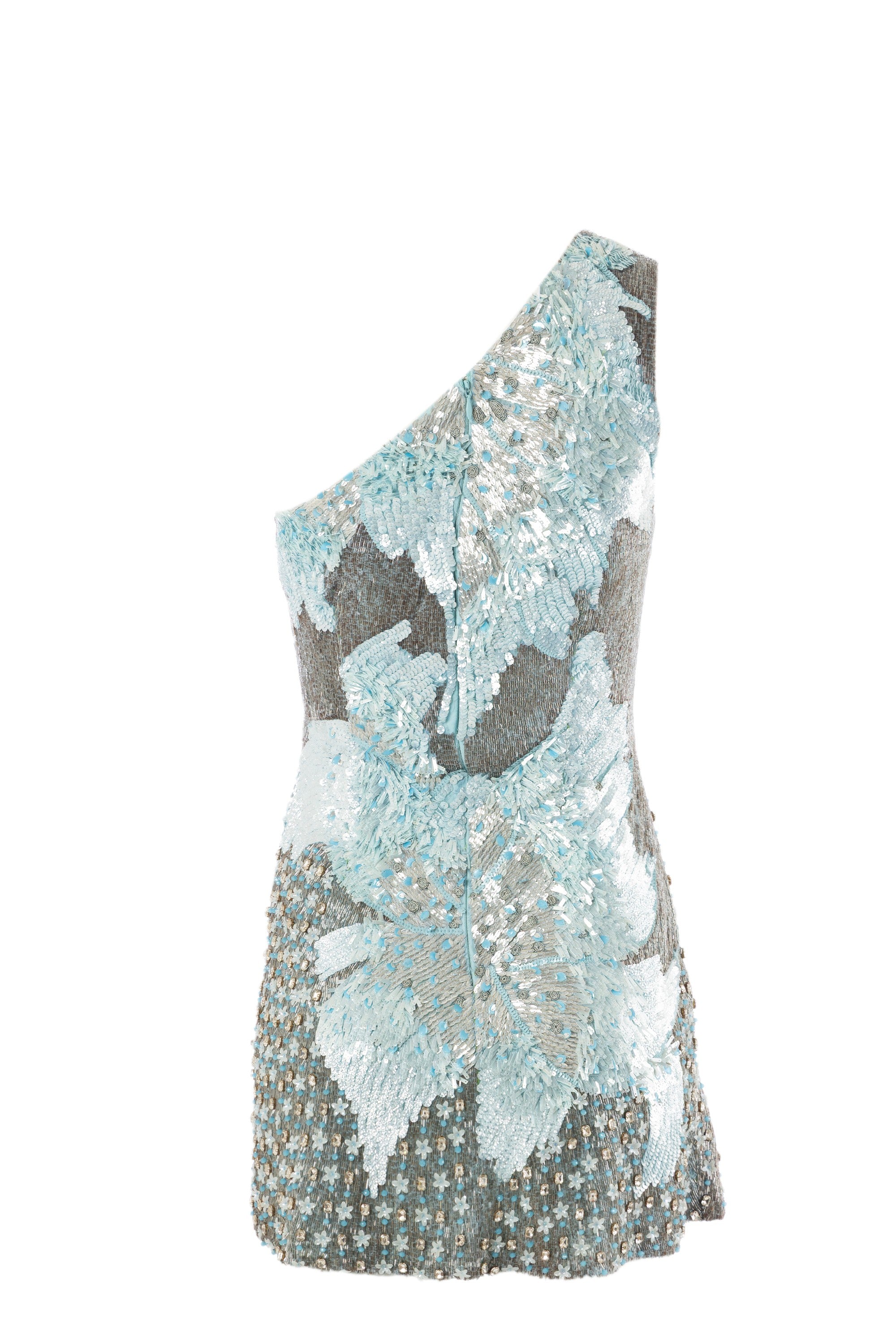 Statement blue sequin embellished mini dress – luxury one-shoulder tulle cocktail party dress for designer pre-fall wear