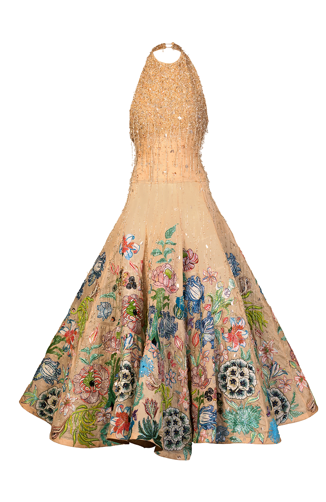 Floor length couture dress featuring intricate beadwork for formal evening wear