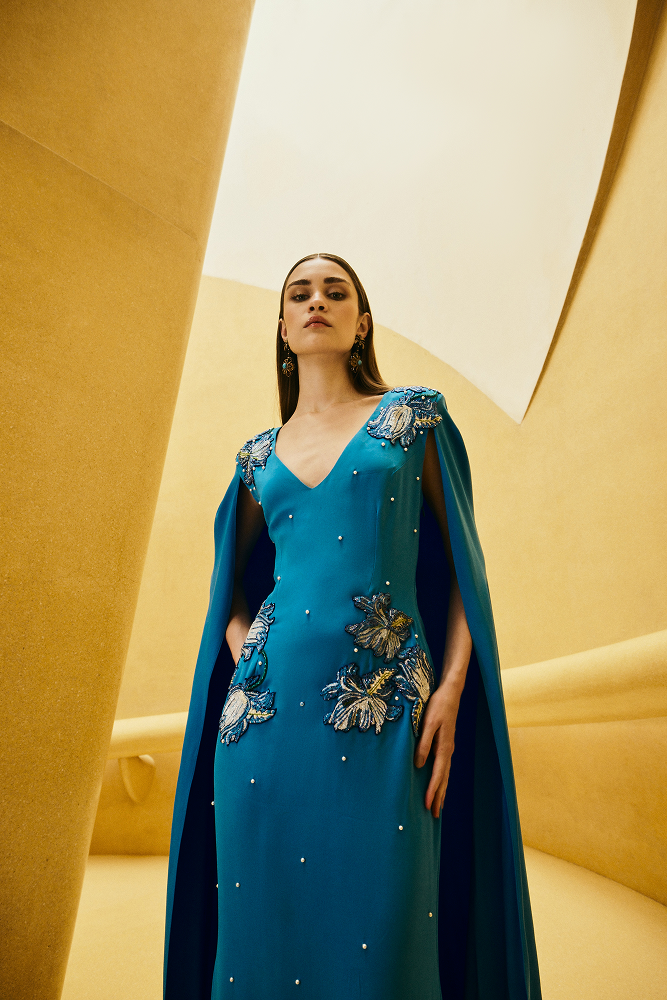 Resort evening couture gown designed as a formal evening gown and luxury occasion wear dress with red carpet style flair for destination wedding guest and guest of wedding beaded dress looks