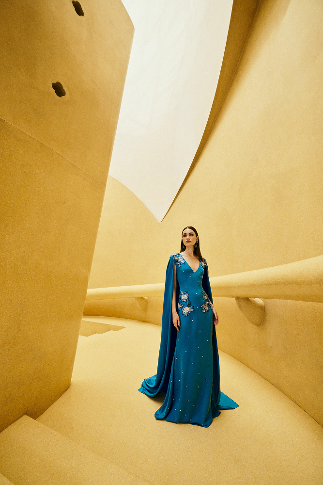 Luxury occasion wear dress styled as a formal evening gown with red carpet style elegance for a destination wedding guest, resort evening couture, and guest of wedding beaded dress