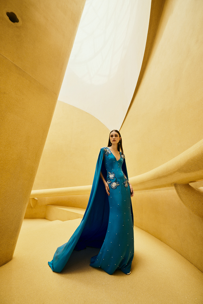 Destination wedding guest gown crafted as a formal evening gown and luxury occasion wear dress with red carpet style influence, resort evening couture appeal, and beaded dress detailing for a guest of wedding