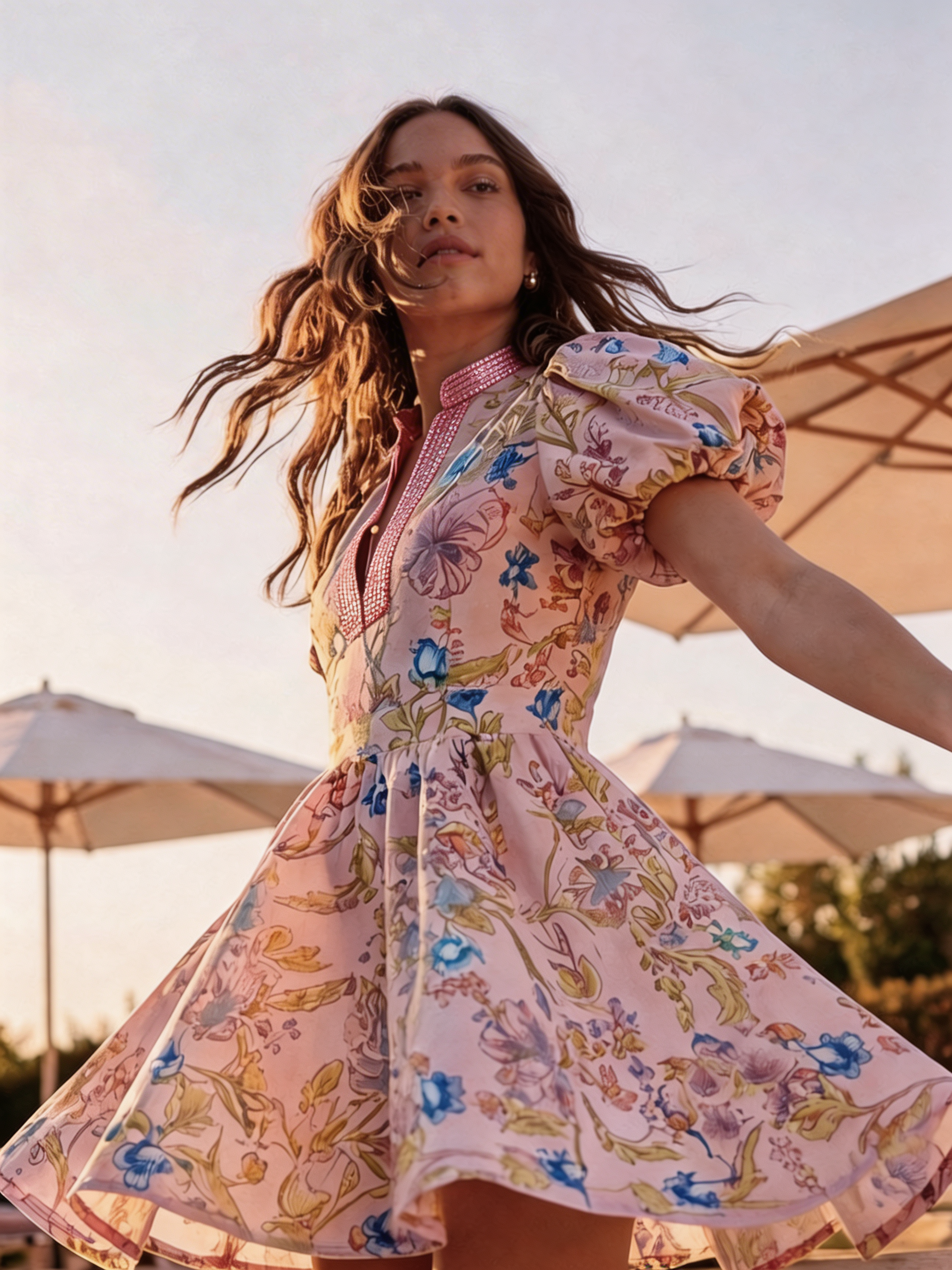 Woman in a floral dress standing outdoors with umbrellas in the background