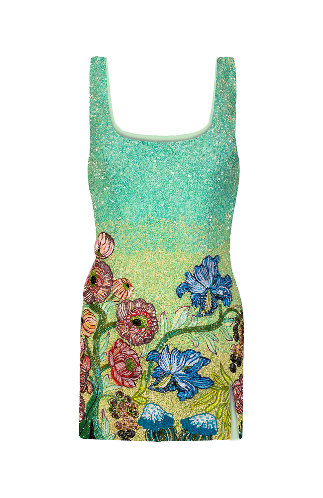 Luxury vacation wear mini dress designed for destination and resort parties