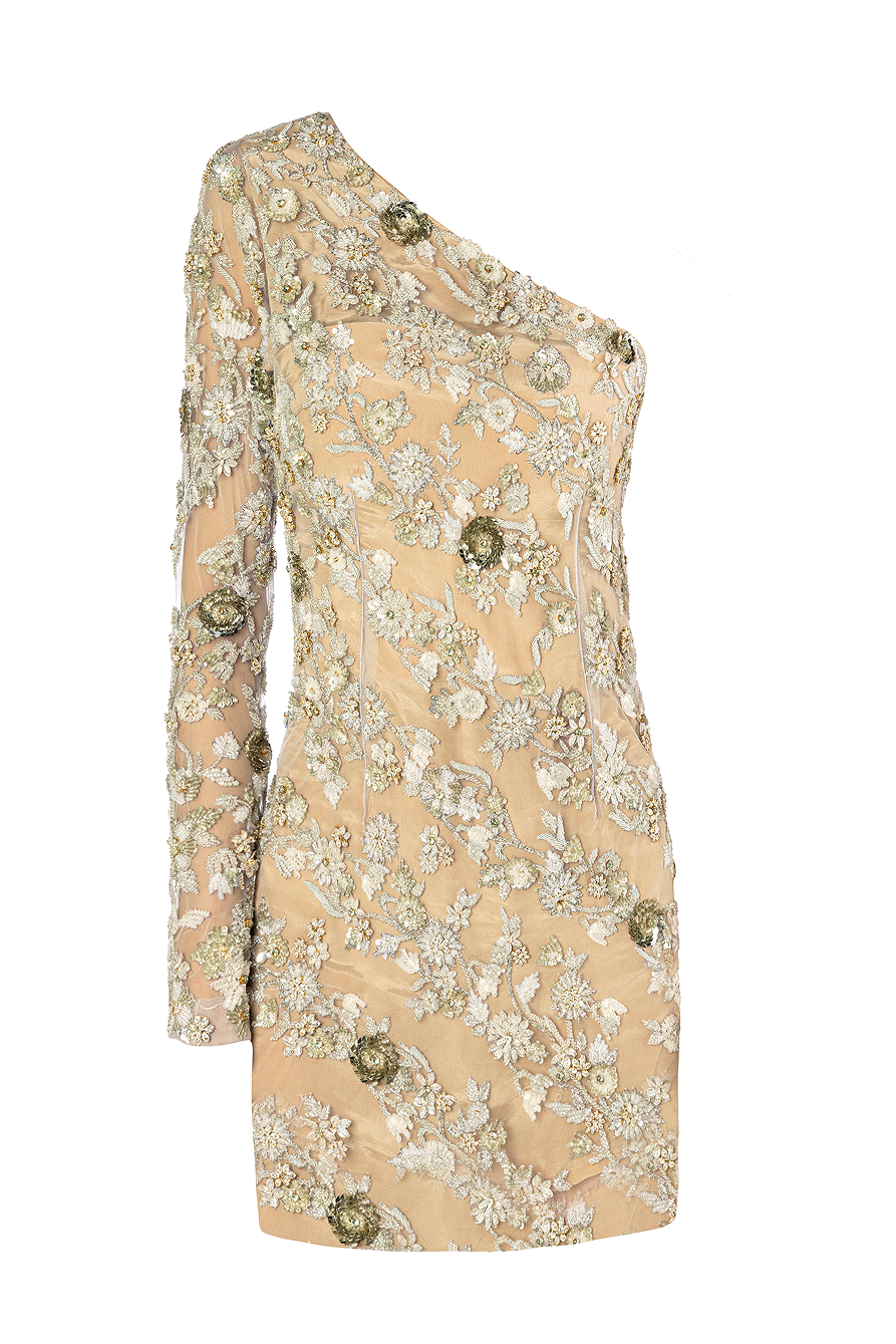 Beige one-shoulder dress with floral embroidery on a white background