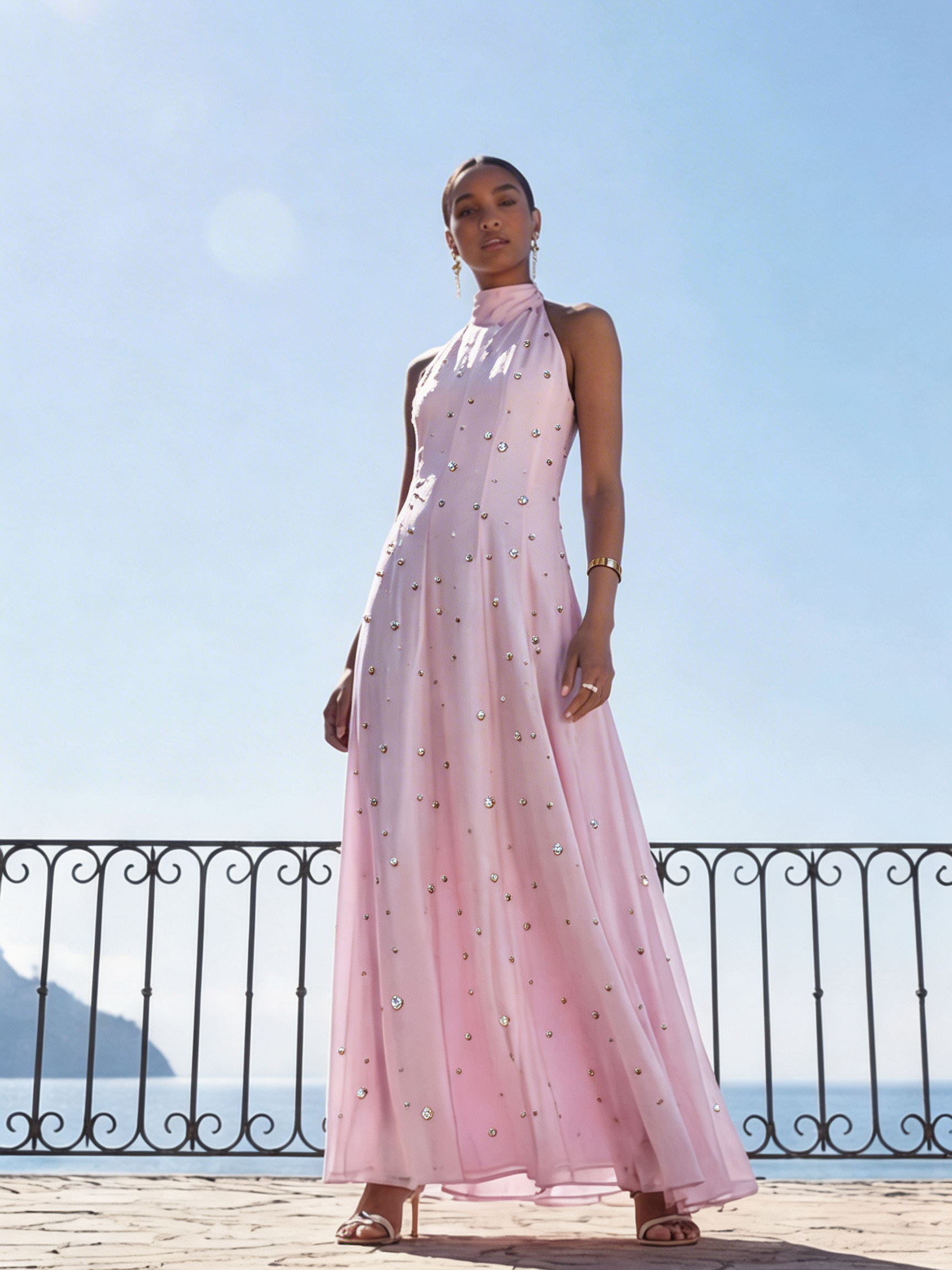 Woman in a pink dress standing on a balcony with a scenic background