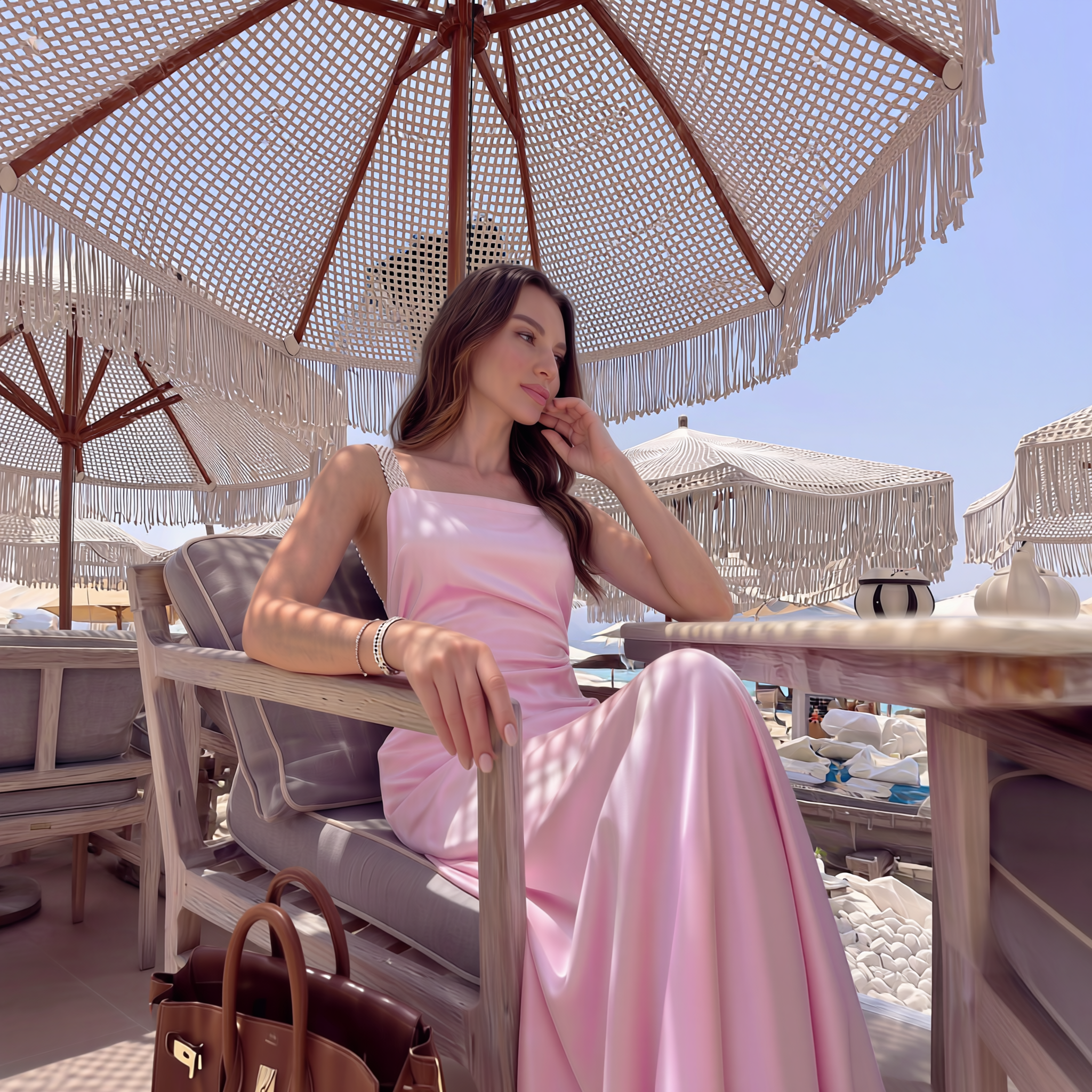 Woman in a pink dress sitting under a wicker umbrella at a beachside cafe.