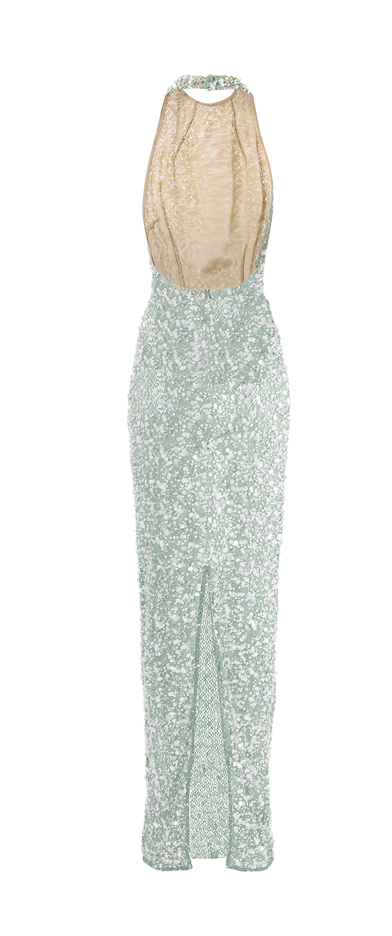 A sleeveless halter-neck evening gown covered in shimmering sequins, featuring a champagne-beige sheer upper bodice and a pale mint-green sequined skirt with a front slit.