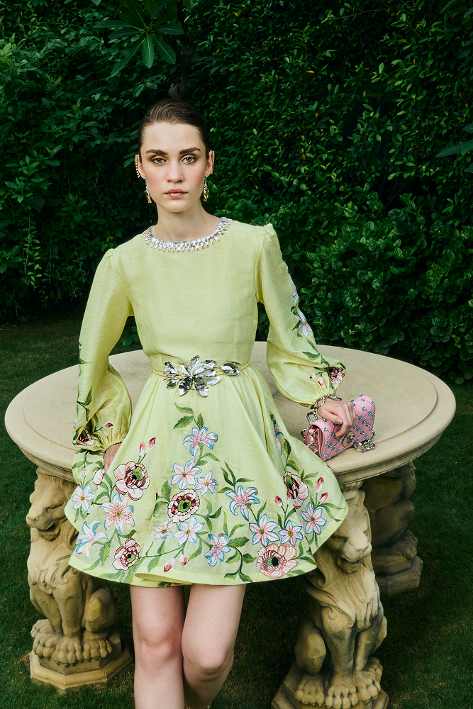 Multicolor silk-thread embroidery highlighted on a garden party mini dress