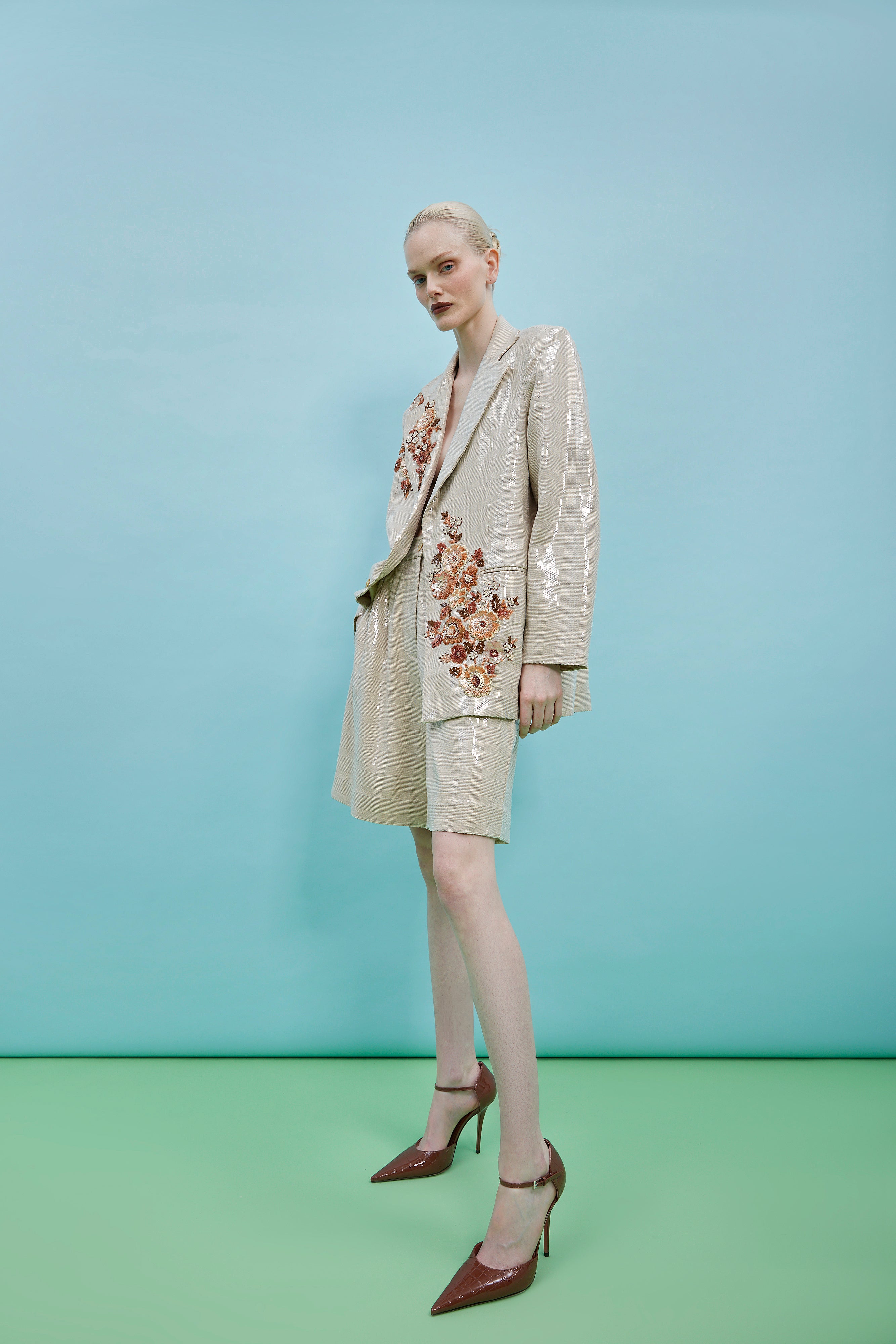 Jean Champagne Chic Embroidered Shorts