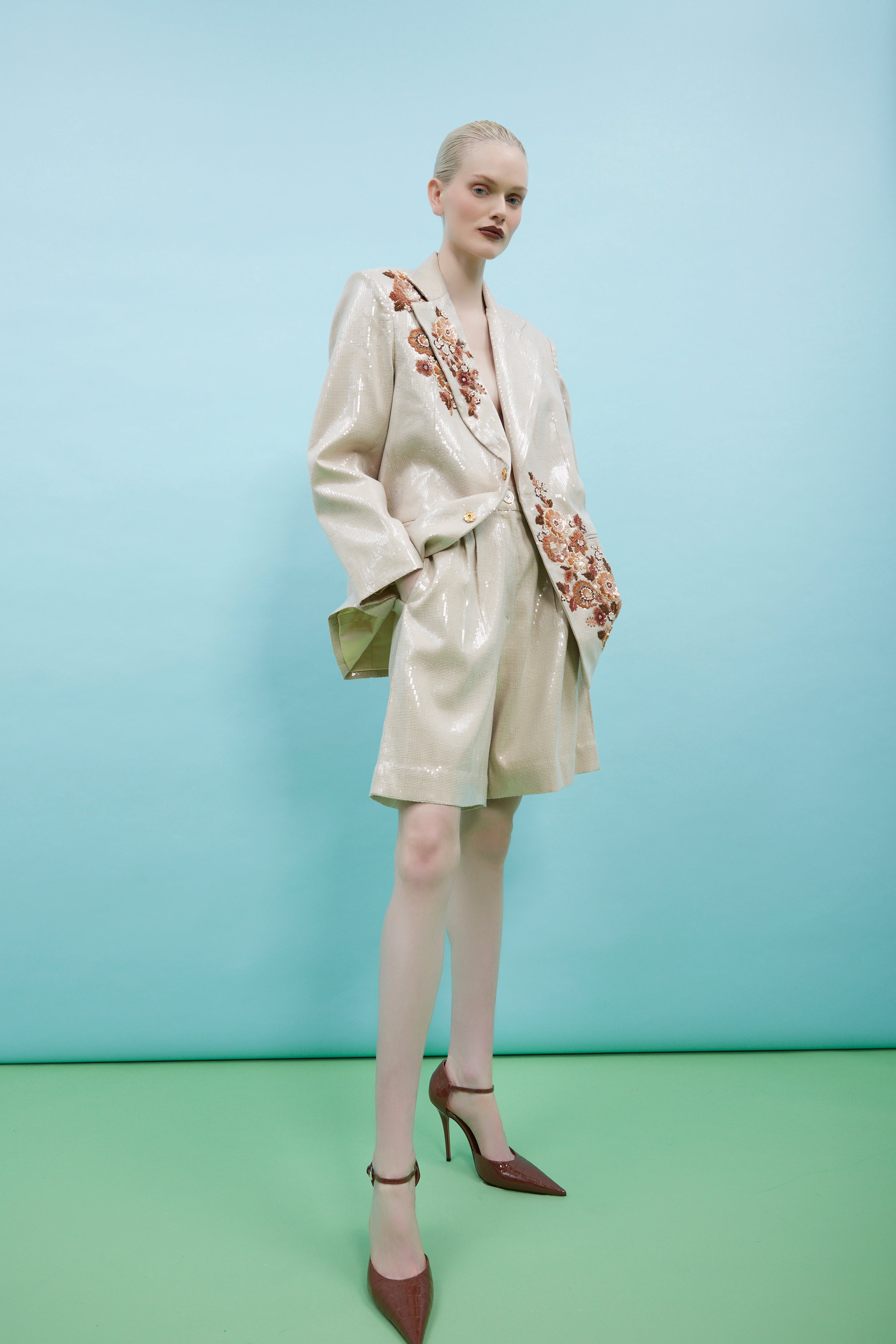 Jean Champagne Chic Embroidered Shorts