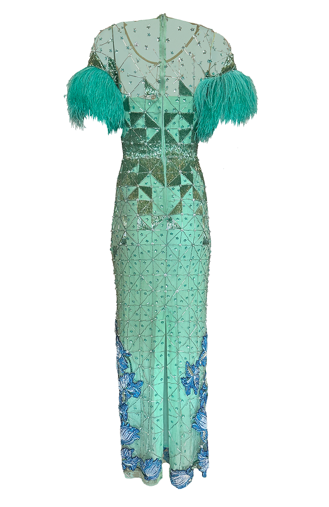 Mint green dress with feathered shoulders on a white background