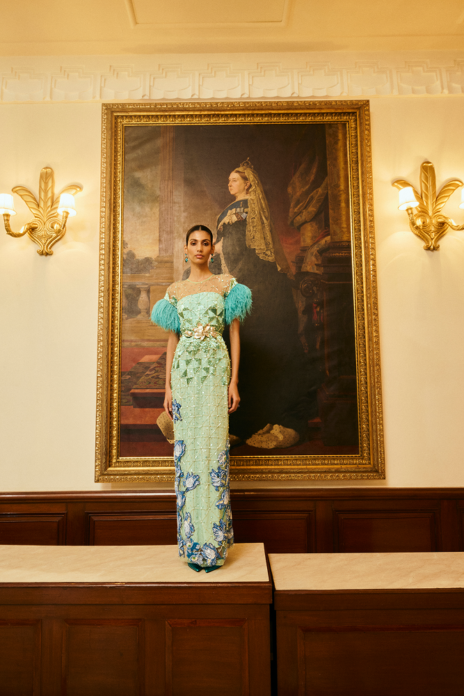 Designer evening gown with couture handwork, perfect for cocktail parties and destination celebrations