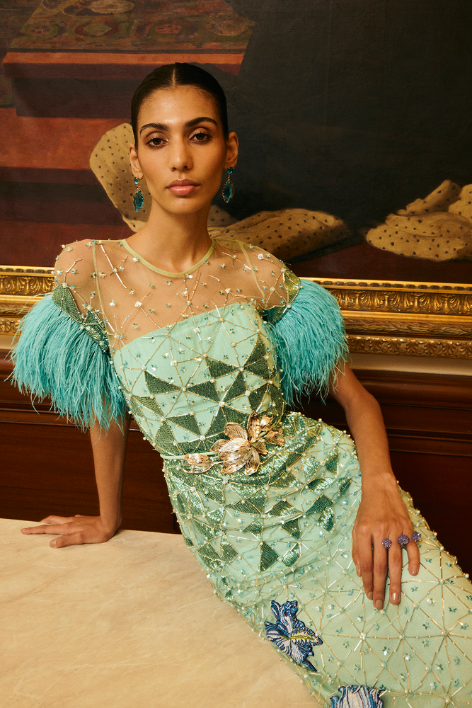 Ball party dress showcasing intricate hand-embroidered floral motifs for luxury evening wear